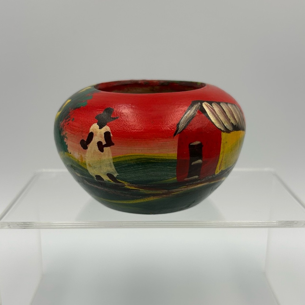 Handpainted Wooden Round Bowl Decorative  2" H Folk Art Central America